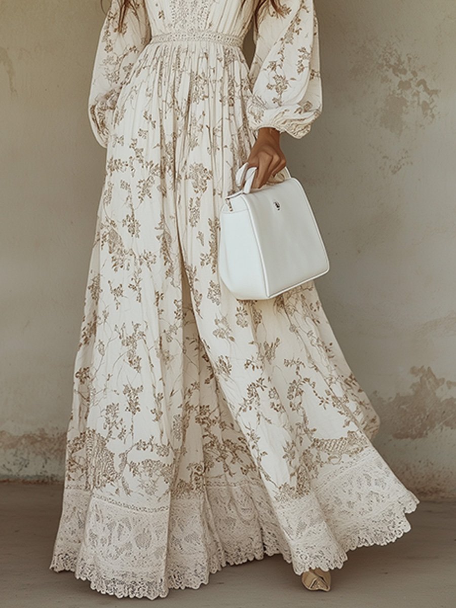 Willow Women's Floral Puff Sleeve Maxi Dress in cream with delicate brown floral print, lace trim, and a white handbag.