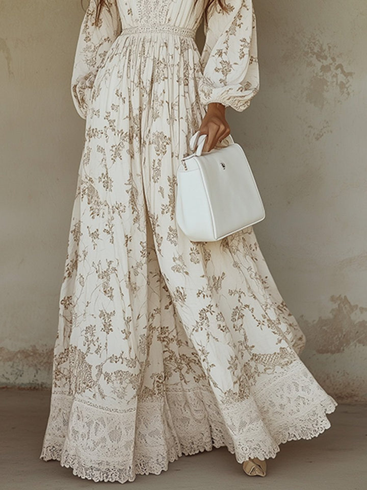 Willow Women's Floral Puff Sleeve Maxi Dress in cream with delicate brown floral print, lace trim, and a white handbag.
