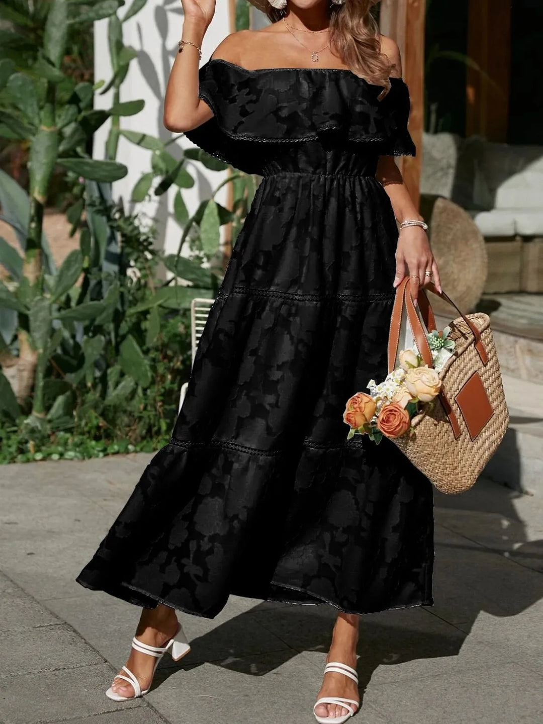 Elena | Women's Off Shoulder Tiered Maxi Wedding Guest Dress