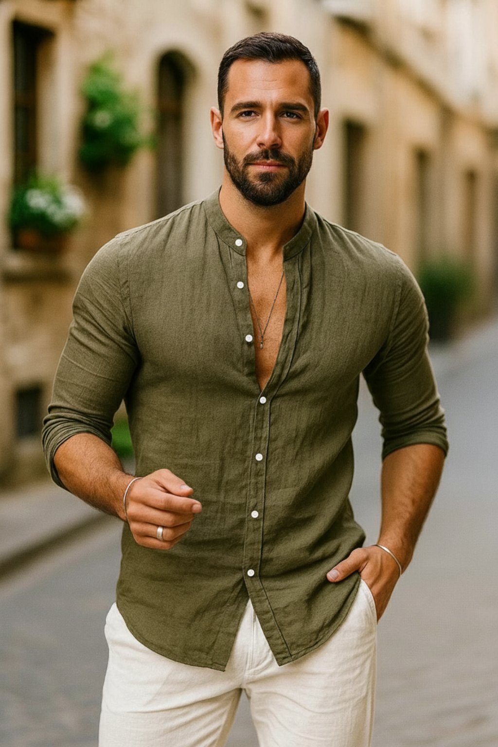 Men's olive green band collar button-up shirt with long sleeves, paired with white pants.