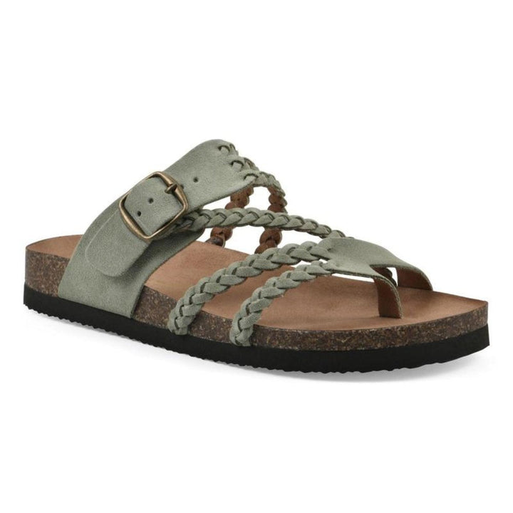 Zoe women's sage green braided buckle toe-loop sandals with a cork-style footbed.