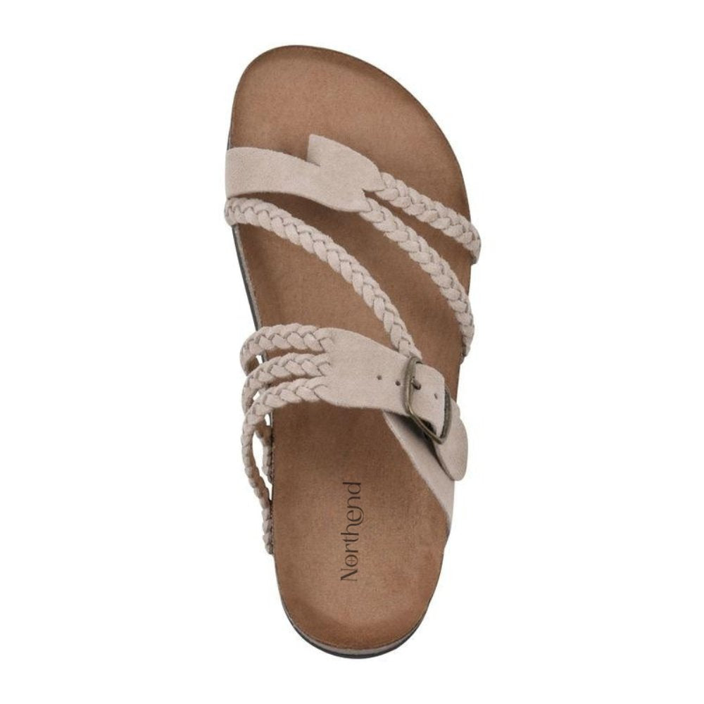 Zoe women's braided buckle toe-loop sandals in a natural hue with a cork-style footbed.
