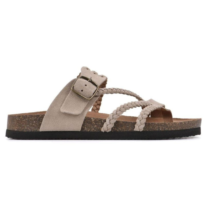 Zoe women's beige braided buckle toe-loop sandals with a cork-style footbed.