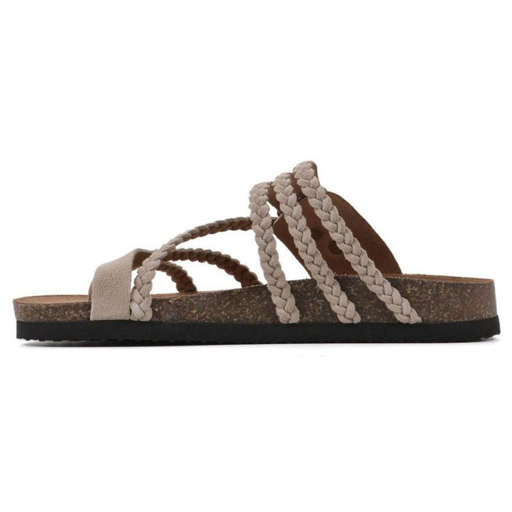 Zoe women's beige braided buckle toe-loop sandals with a cork-style footbed and non-slip outsole.