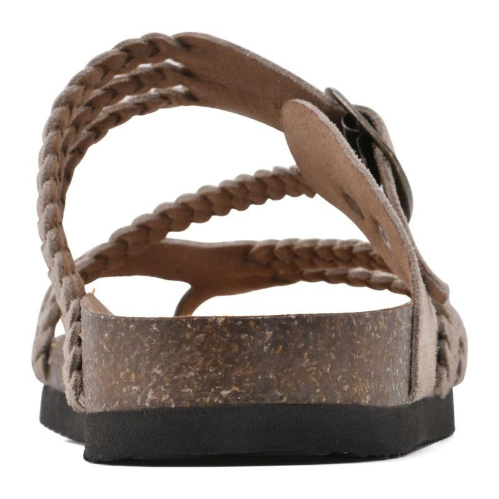 Zoe women's braided buckle toe-loop sandals with a cork-style footbed and textured non-slip outsole.