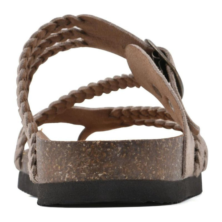 Zoe women's braided buckle toe-loop sandals with a cork-style footbed and textured non-slip outsole.