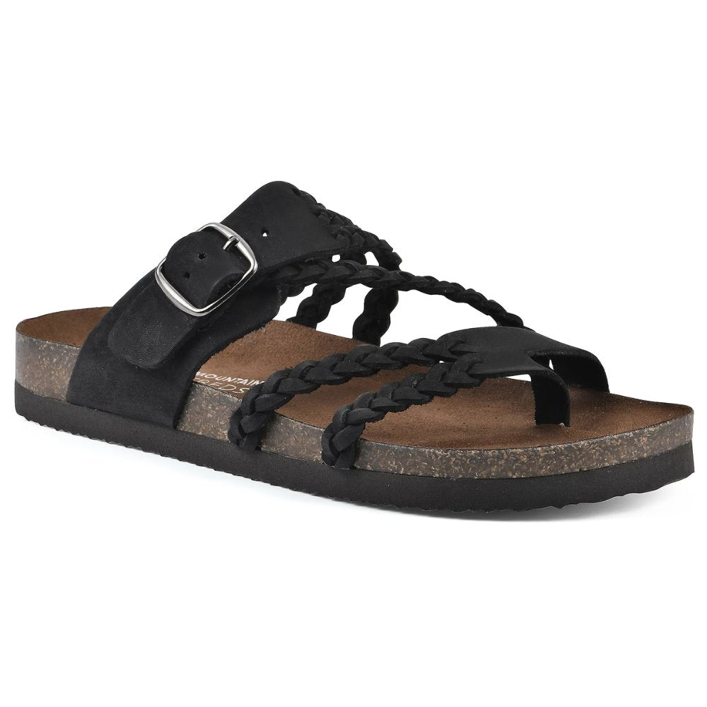Black Zoe braided buckle toe-loop sandals with a cork-style footbed for effortless summer style.