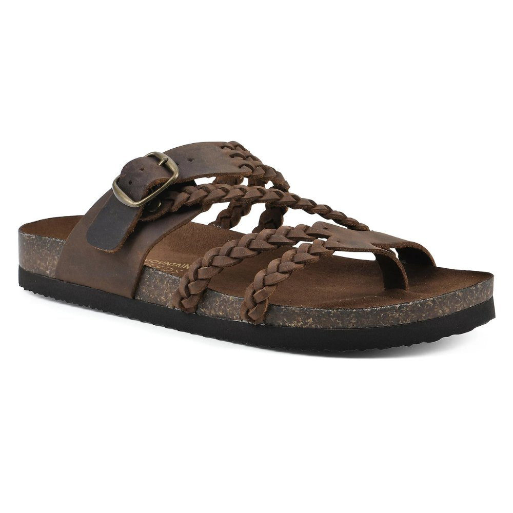 Zoe women's brown braided buckle toe-loop sandals with a cork-style footbed.